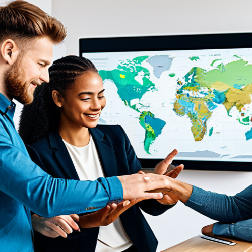 **

"A diverse group of fully clothed people collaborating around a digital interface showing data and maps, in a bright and modern co-working space, professional environment, appropriate content, safe for work, perfect anatomy, correct proportions, natural pose, professional attire, well-formed hands, proper finger count, natural body proportions."

**