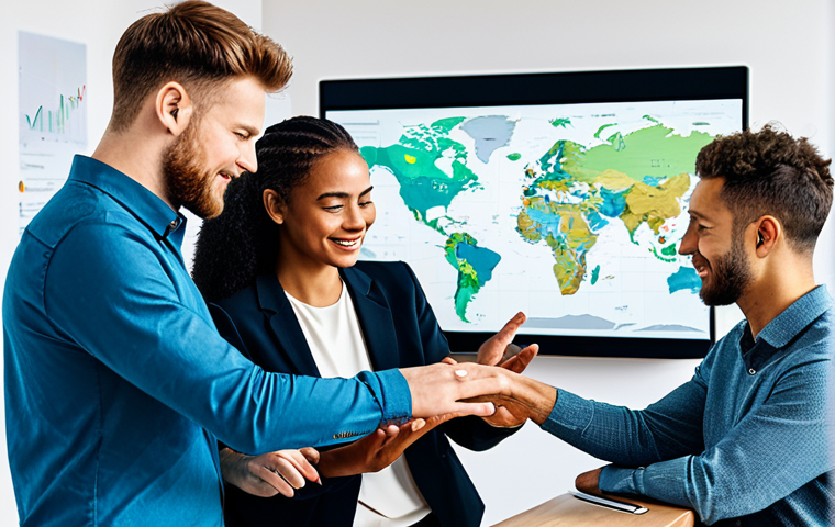 **
"A diverse group of fully clothed people collaborating around a digital interface showing data and maps, in a bright and modern co-working space, professional environment, appropriate content, safe for work, perfect anatomy, correct proportions, natural pose, professional attire, well-formed hands, proper finger count, natural body proportions."
**